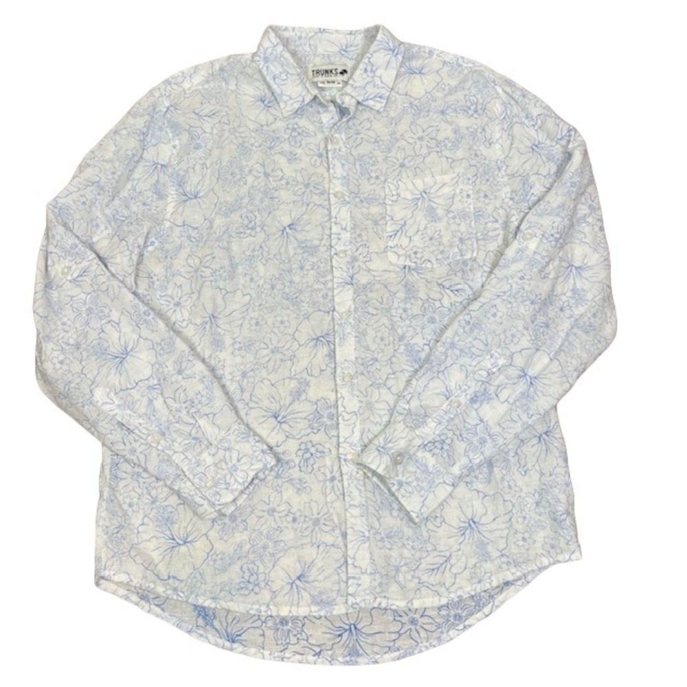 Trunks Surf‎ & Swim Men's Linen Blend Tropical Shirt White with Blue Floral Med